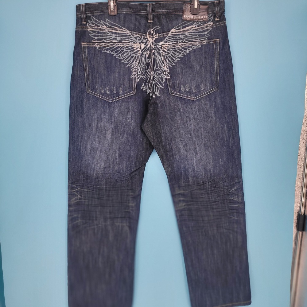 Brooklyn Xpress Jeans Mens 40 Y2K Baggy Eagle Graphic Dark Wash Denim streetwear - Picture 2 of 9